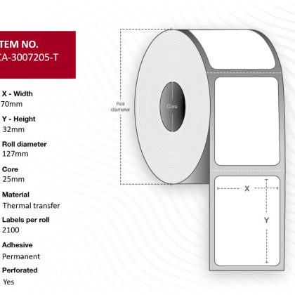 Capture Label 70 x 32mm, Core 25mm, Thermal Transfer, Coated, Permanent, Perforated, 2100 labels per roll, 4 rolls per box. Equal to p/n: 3007205-T